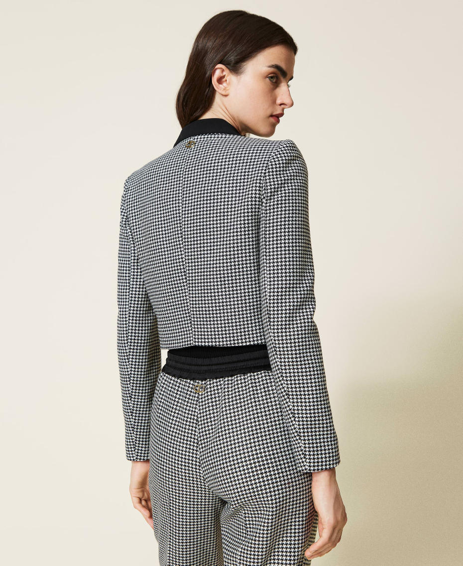 Houndstooth wool blend jacket with ruffles Snow / Black Houndstooth Pattern Woman 222TT2312-04