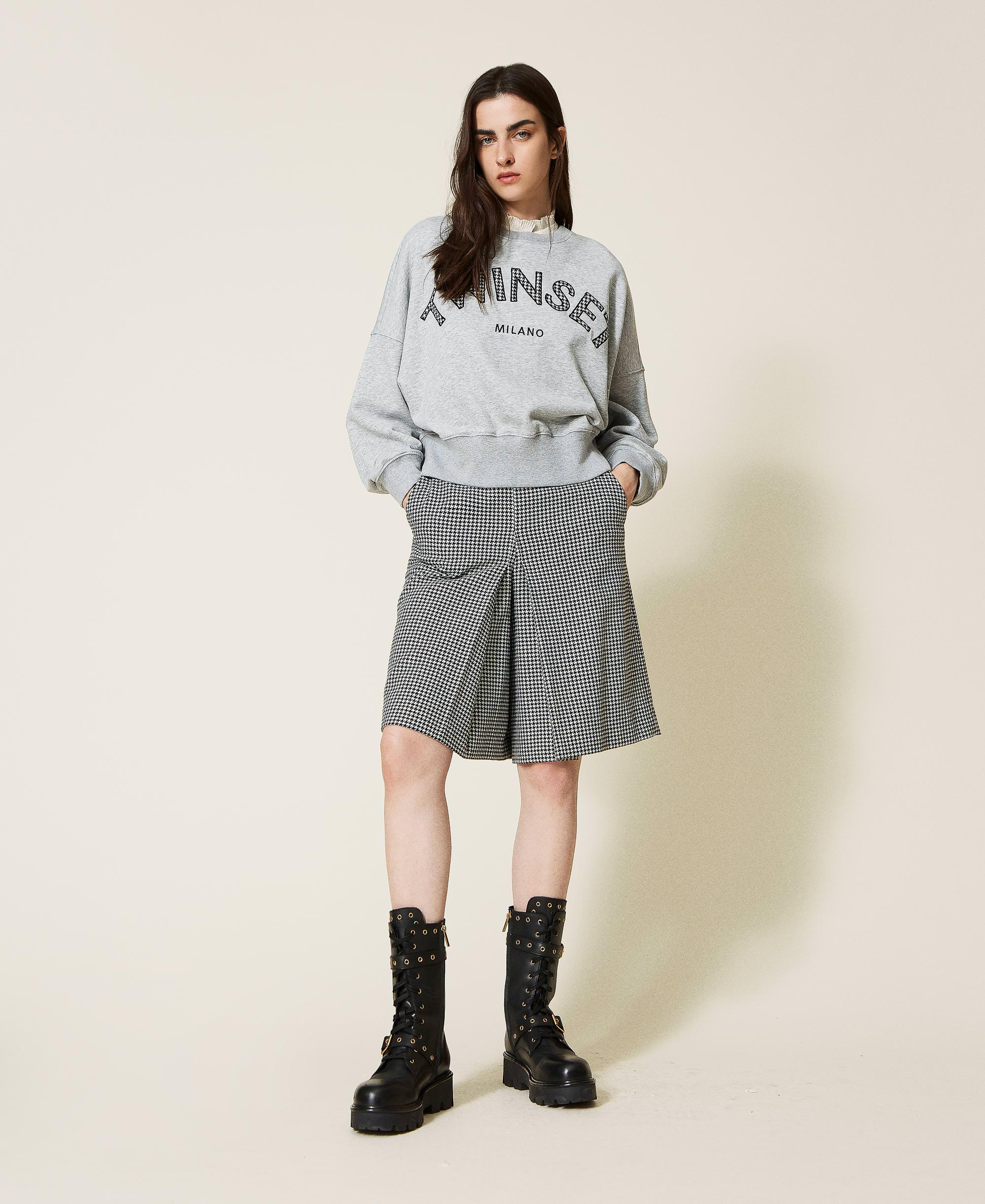 Wool blend trouser skirt with houndstooth pattern