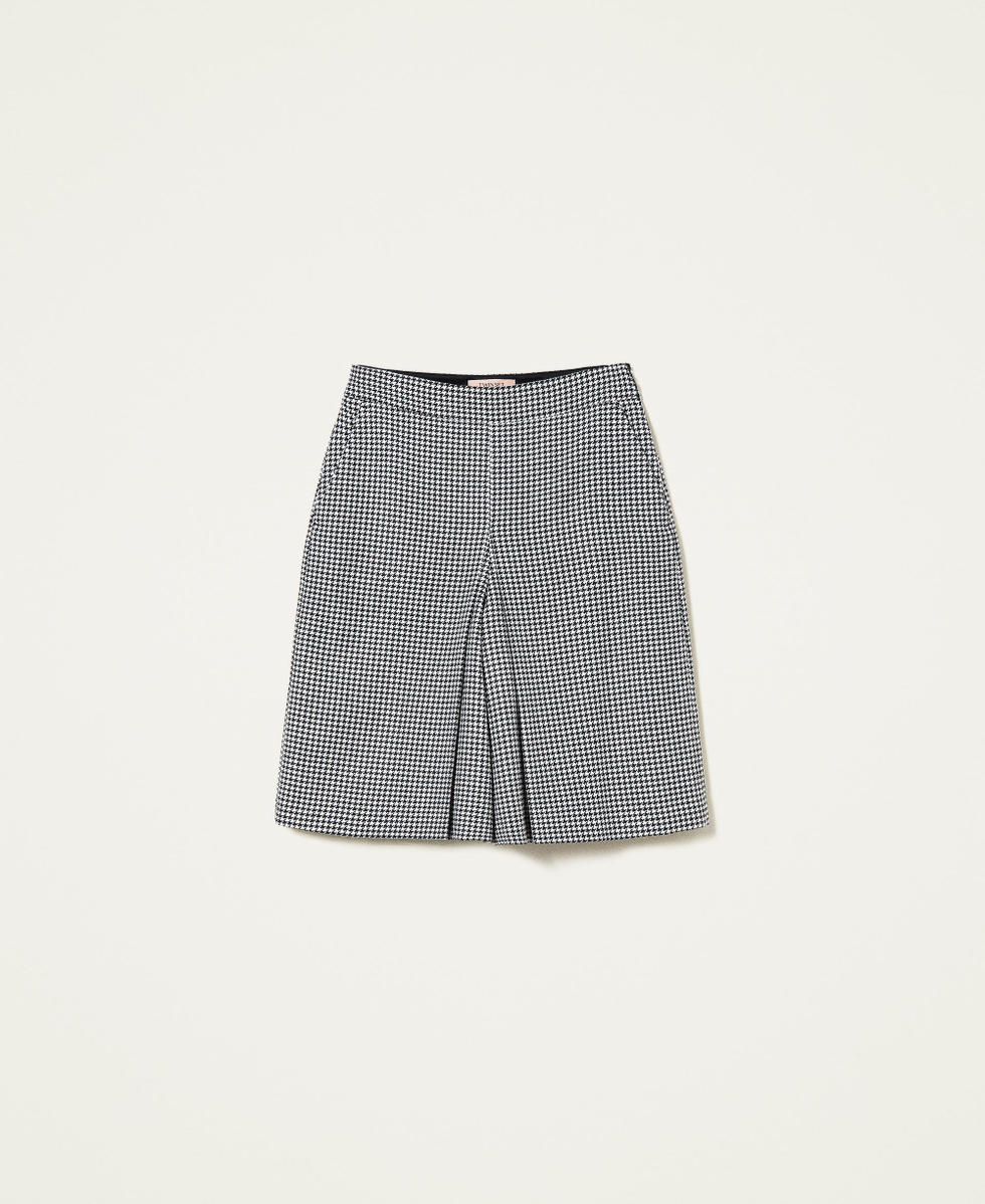 Tailleur jupe pied de poule bleu et noir, col cuir noir T38 on Gens de Confiance