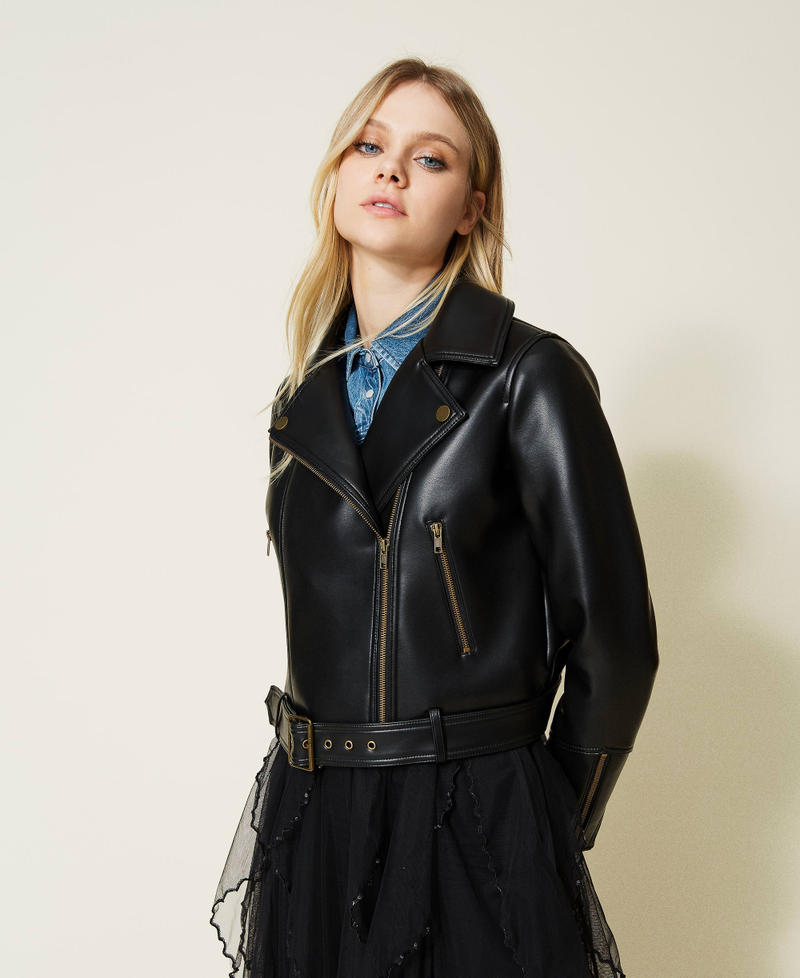 Leather-like biker jacket with belt