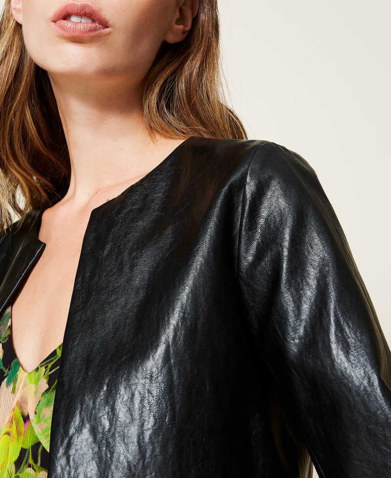 Leather-like crew neck jacket
