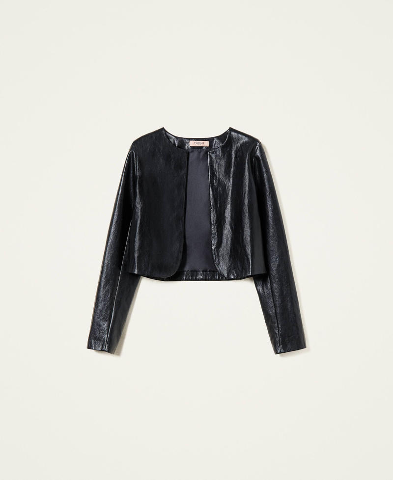Leather-like crew neck jacket