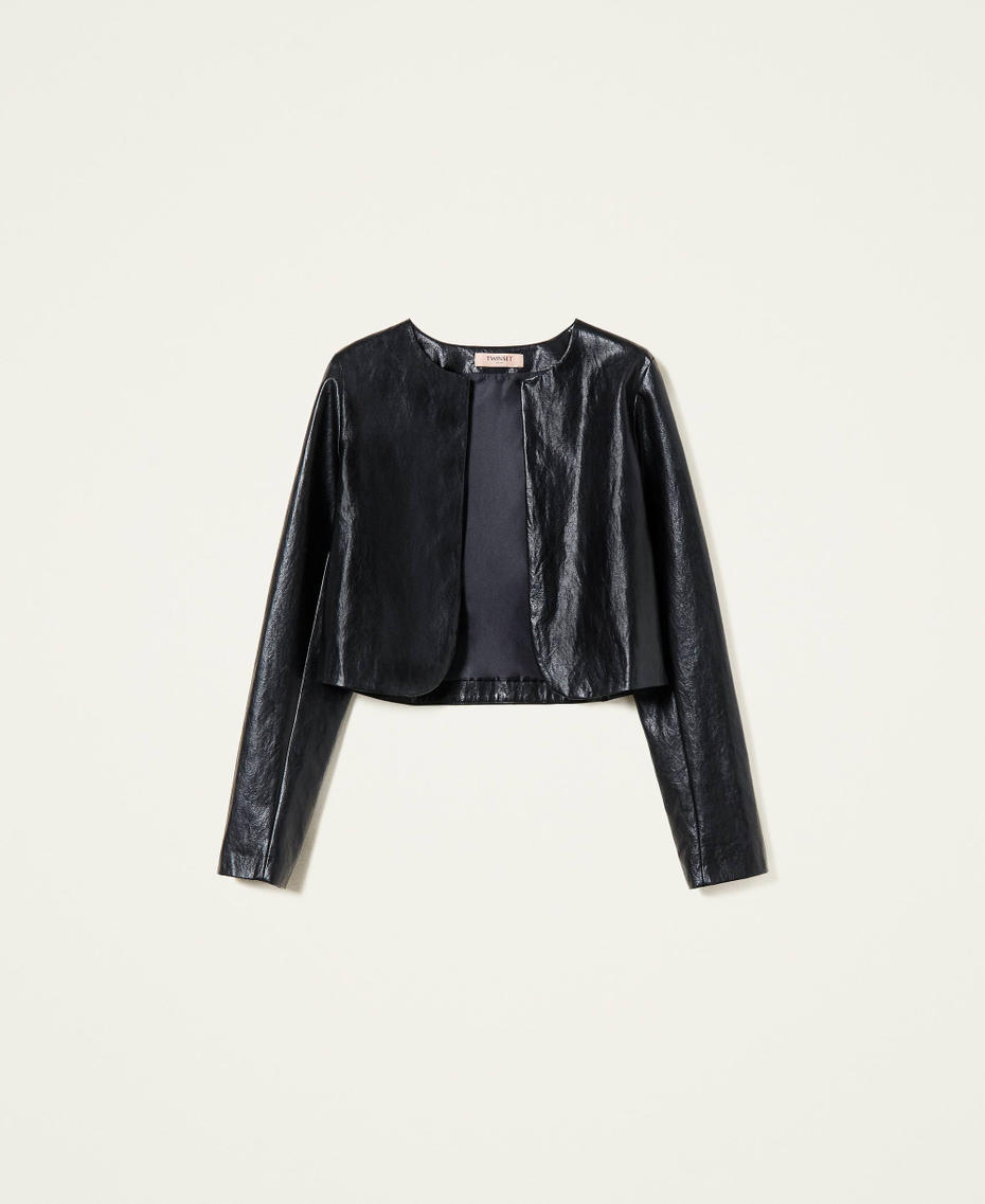 Leather-like crew neck jacket