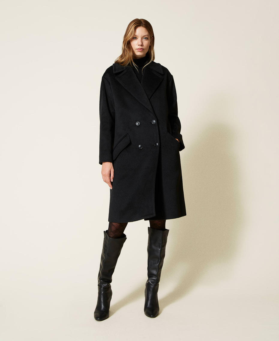Двубортное пальто из чесаной смесовой шерсти Черный женщина 222TT2371-01