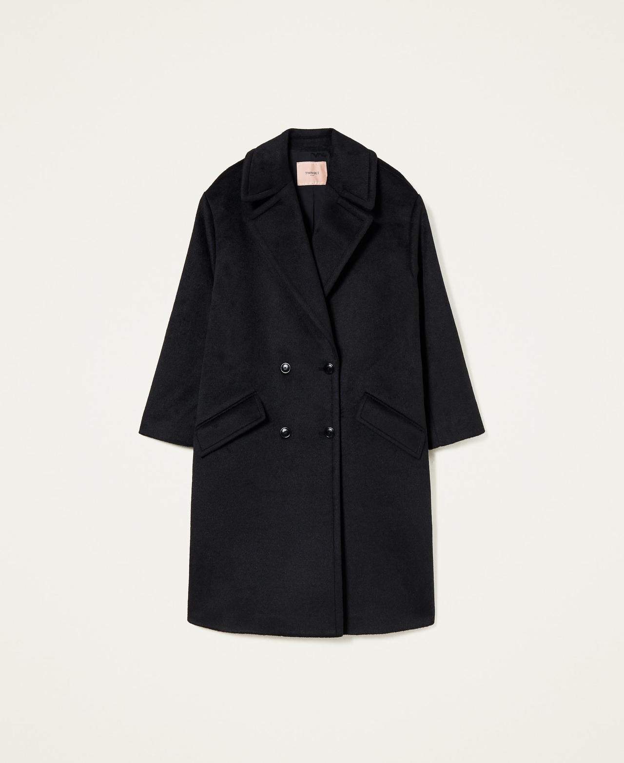 Двубортное пальто из чесаной смесовой шерсти Черный женщина 222TT2371-0S