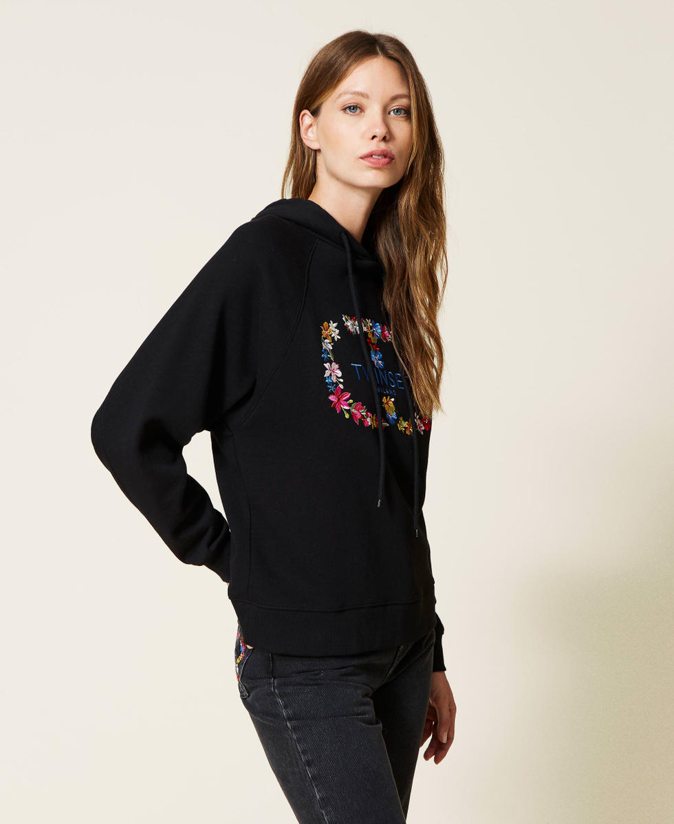 Hoodie with logo and floral embroidery Woman Black TWINSET Milano