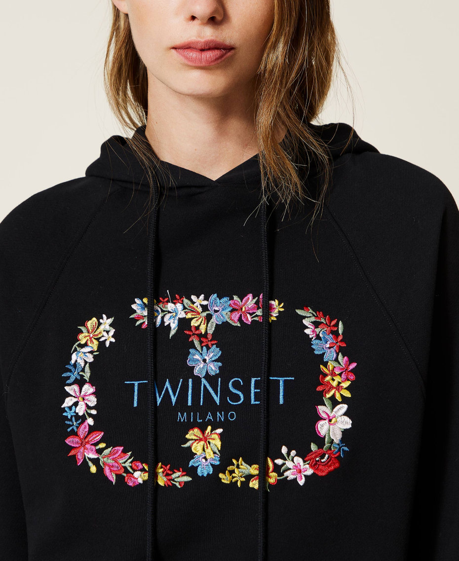 Hoodie with logo and floral embroidery Black Woman 222TT2390-05