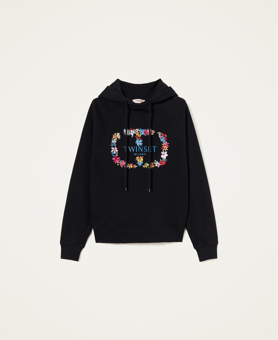 Hoodie with logo and floral embroidery Black Woman 222TT2390-0S