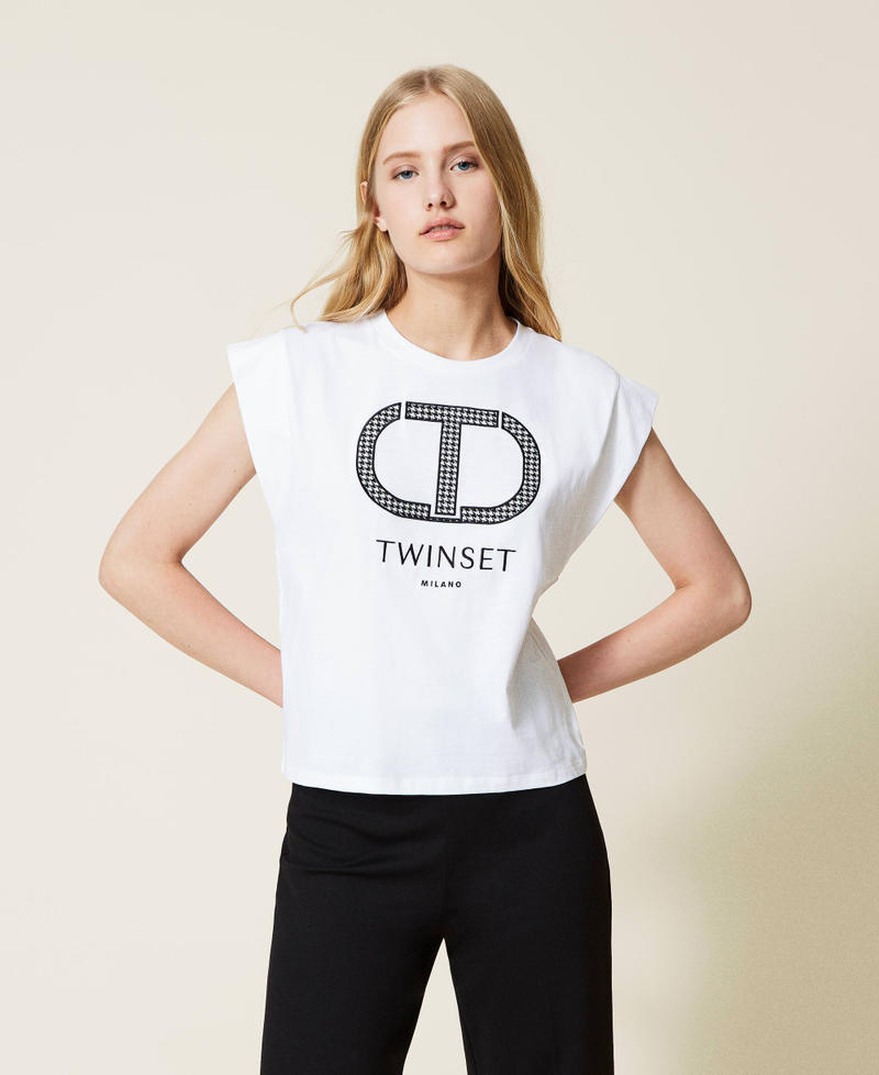 T-shirt avec logo pied-de-poule Blanc Femme 222TT2415-01