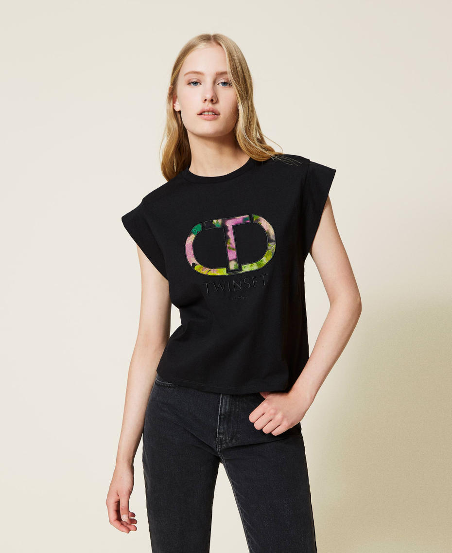 T-shirt con logo a fiori intarsiato Nero Donna 222TT2416-01