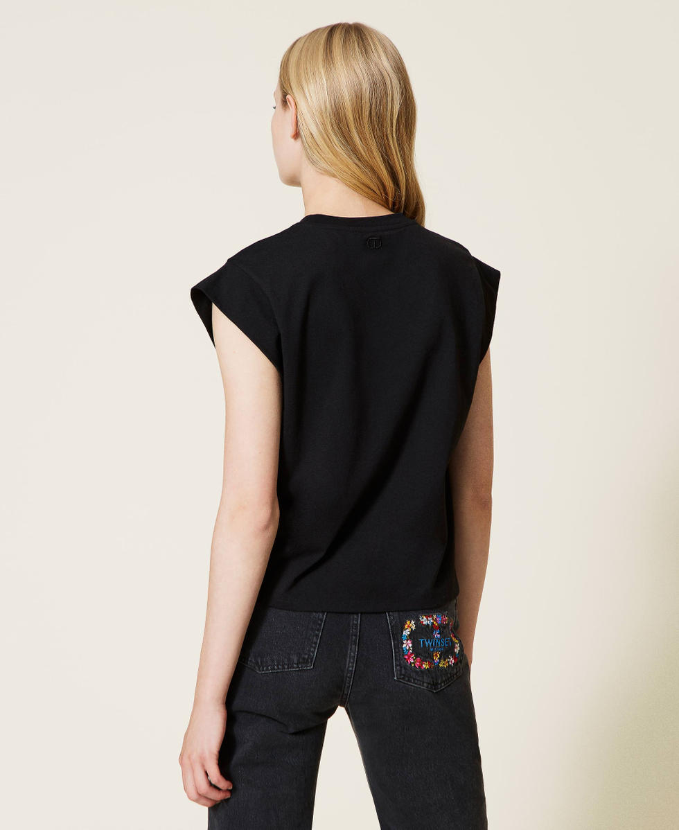 T-shirt with inlaid floral logo Woman, Black | TWINSET Milano