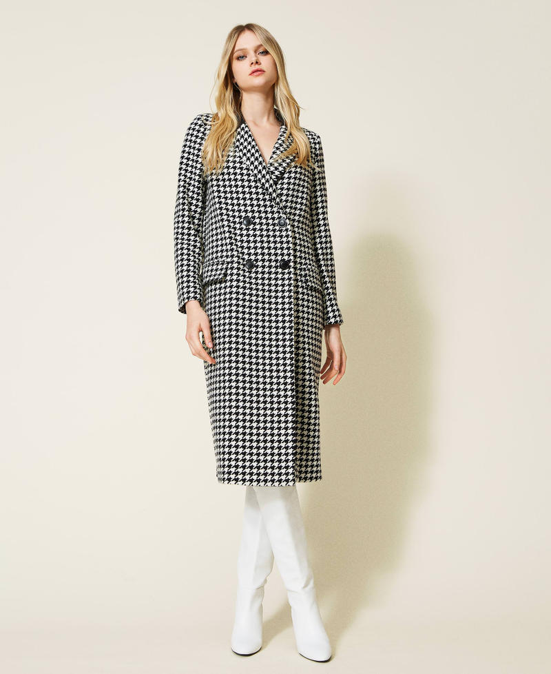 Wool blend coat with houndstooth pattern Snow / Black Houndstooth Pattern Woman 222TT2461-05