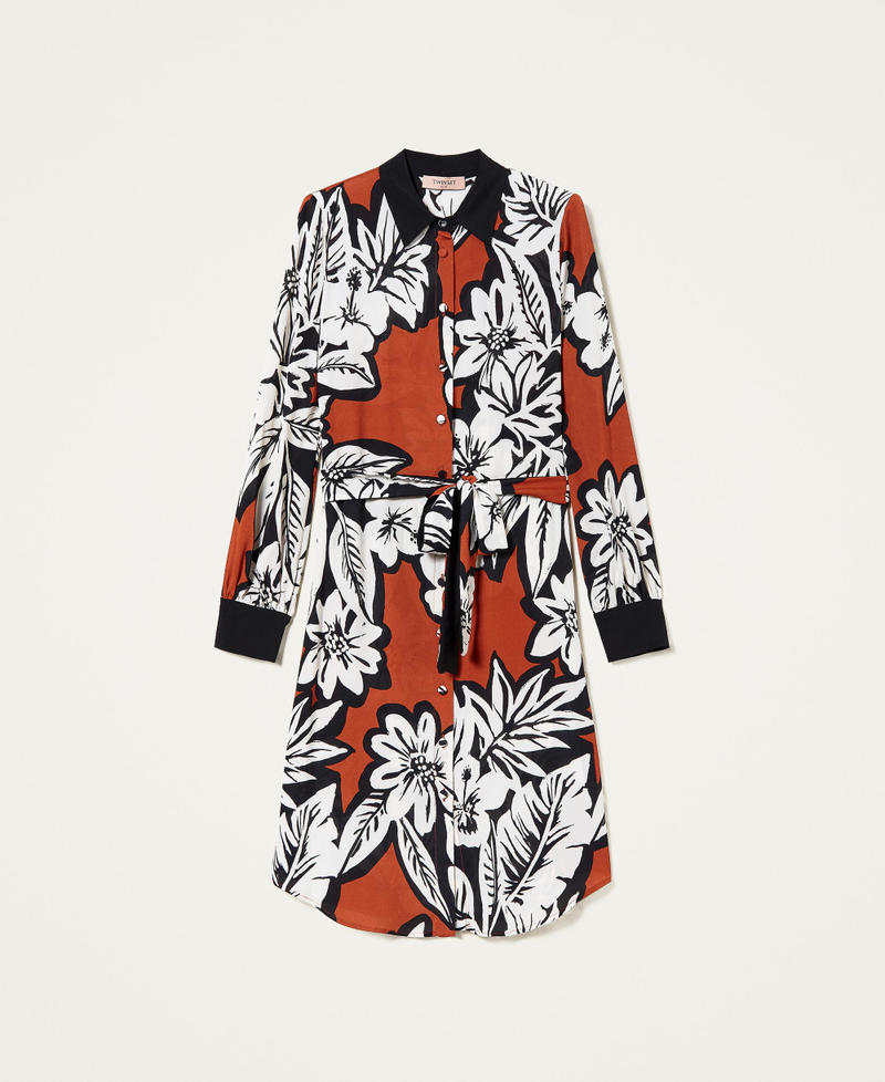 Платье-рубашка из крепа с цветочным принтом Узор Цветок Оранжевый "Красное дерево"/Черный женщина 222TT2476-0S