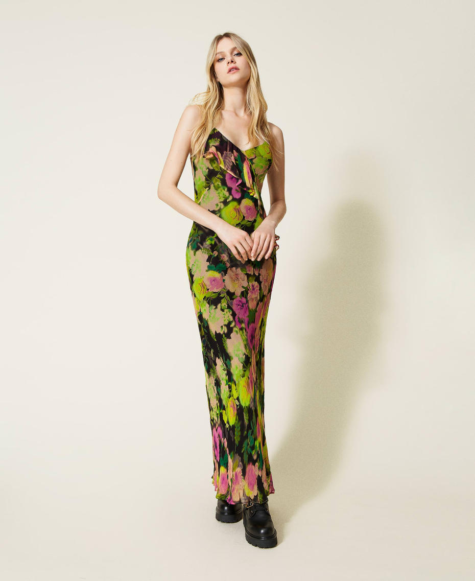 Длинное платье из креп-шифона с цветочным принтом Принт Сумасшедшие Цветы Флуоресцентный женщина 222TT2481-01