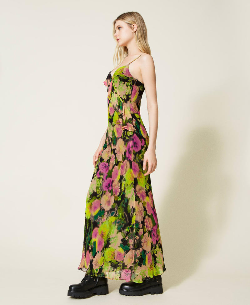 Long floral creponne dress Neon Crazy Flowers Print Woman 222TT2481-02