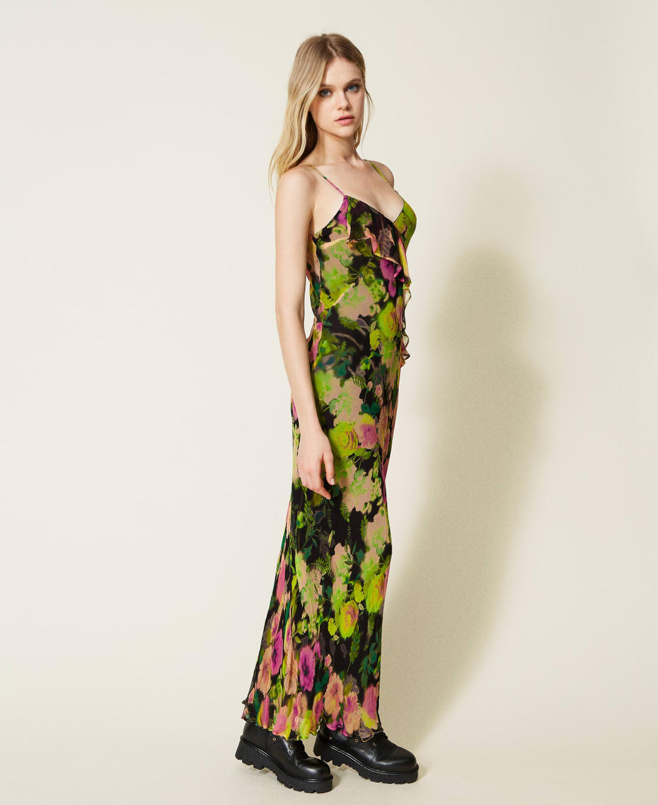 Длинное платье из креп-шифона с цветочным принтом Принт Сумасшедшие Цветы Флуоресцентный женщина 222TT2481-03