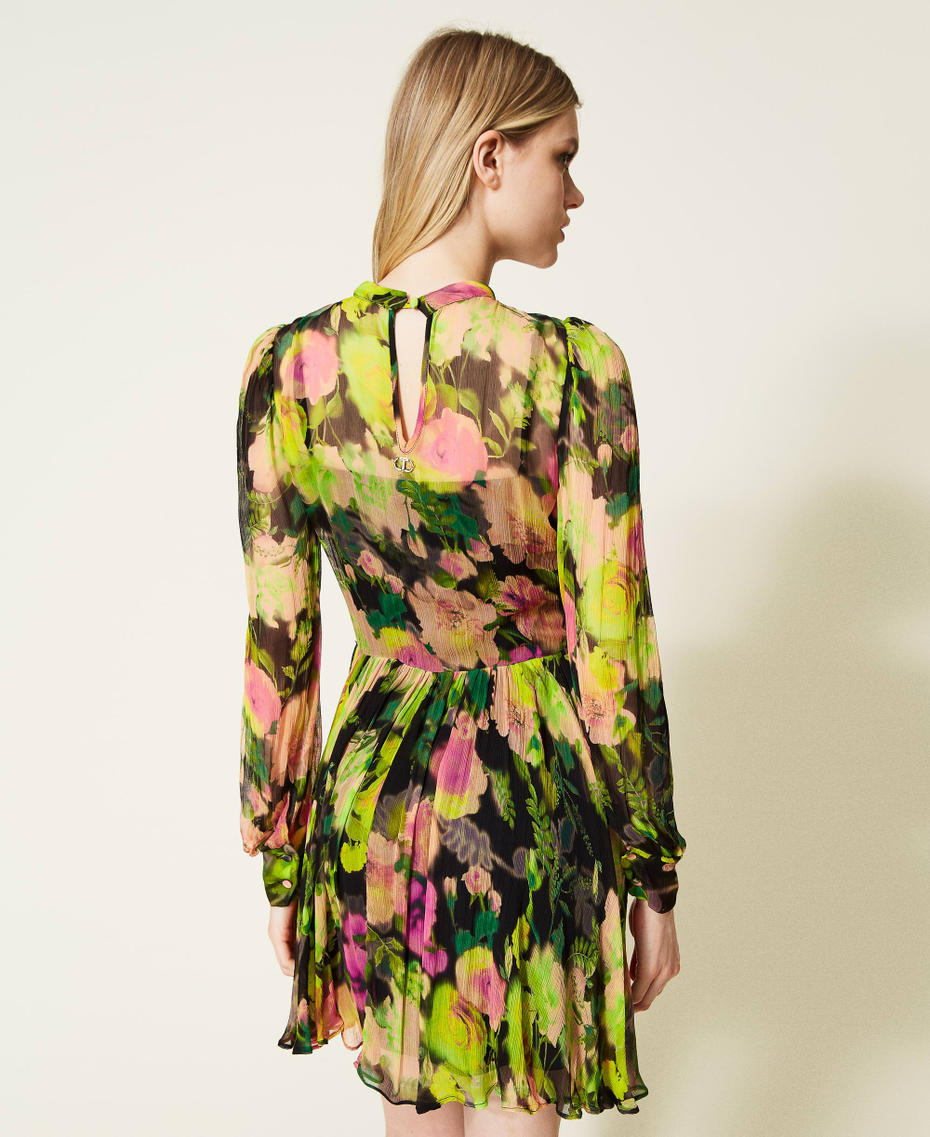 Короткое платье из креп-шифона с цветочным принтом Принт Сумасшедшие Цветы Флуоресцентный женщина 222TT2482-04
