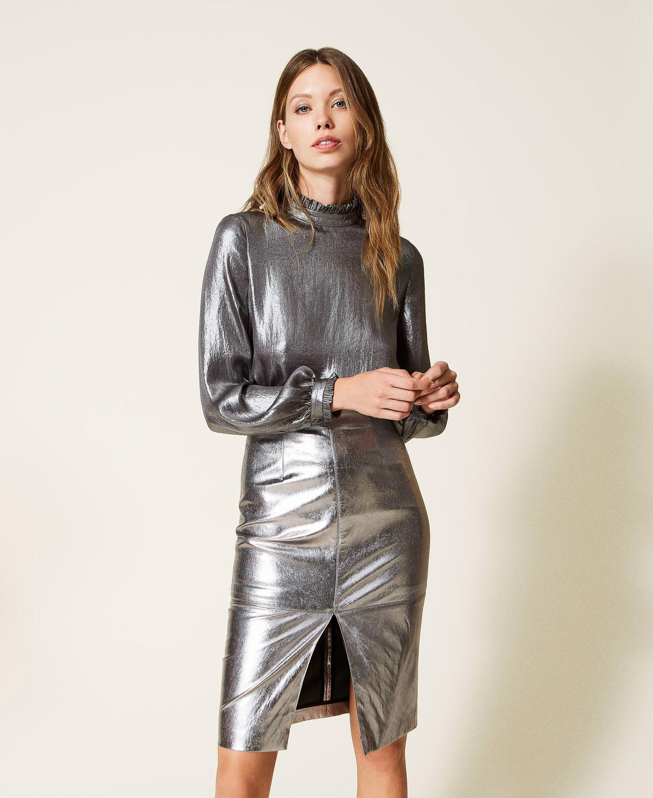 Laminated leather-like midi skirt