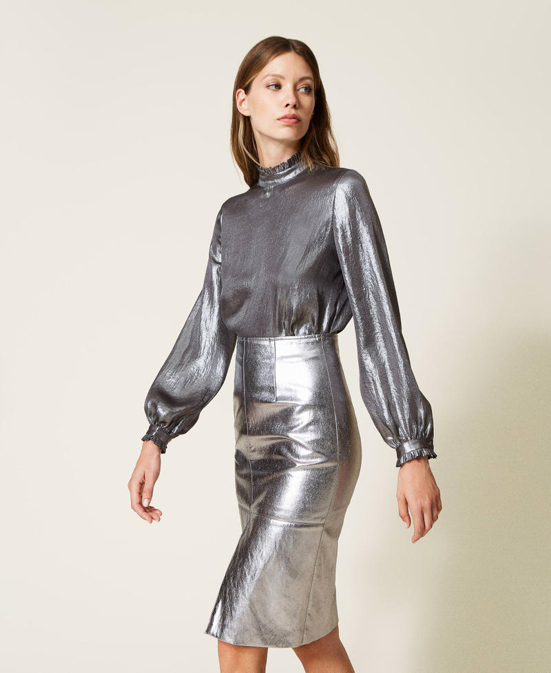 Laminated leather-like midi skirt Laminated "Gunpowder” Silver Woman 222TT2490-04
