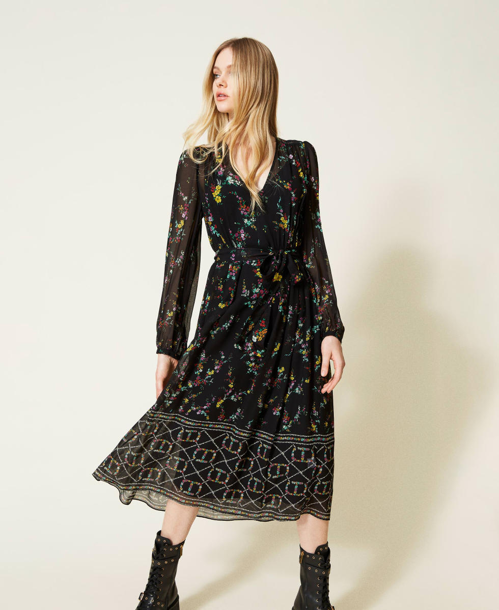 Abito lungo con stampa logo a fiori Donna Nero TWINSET Milano