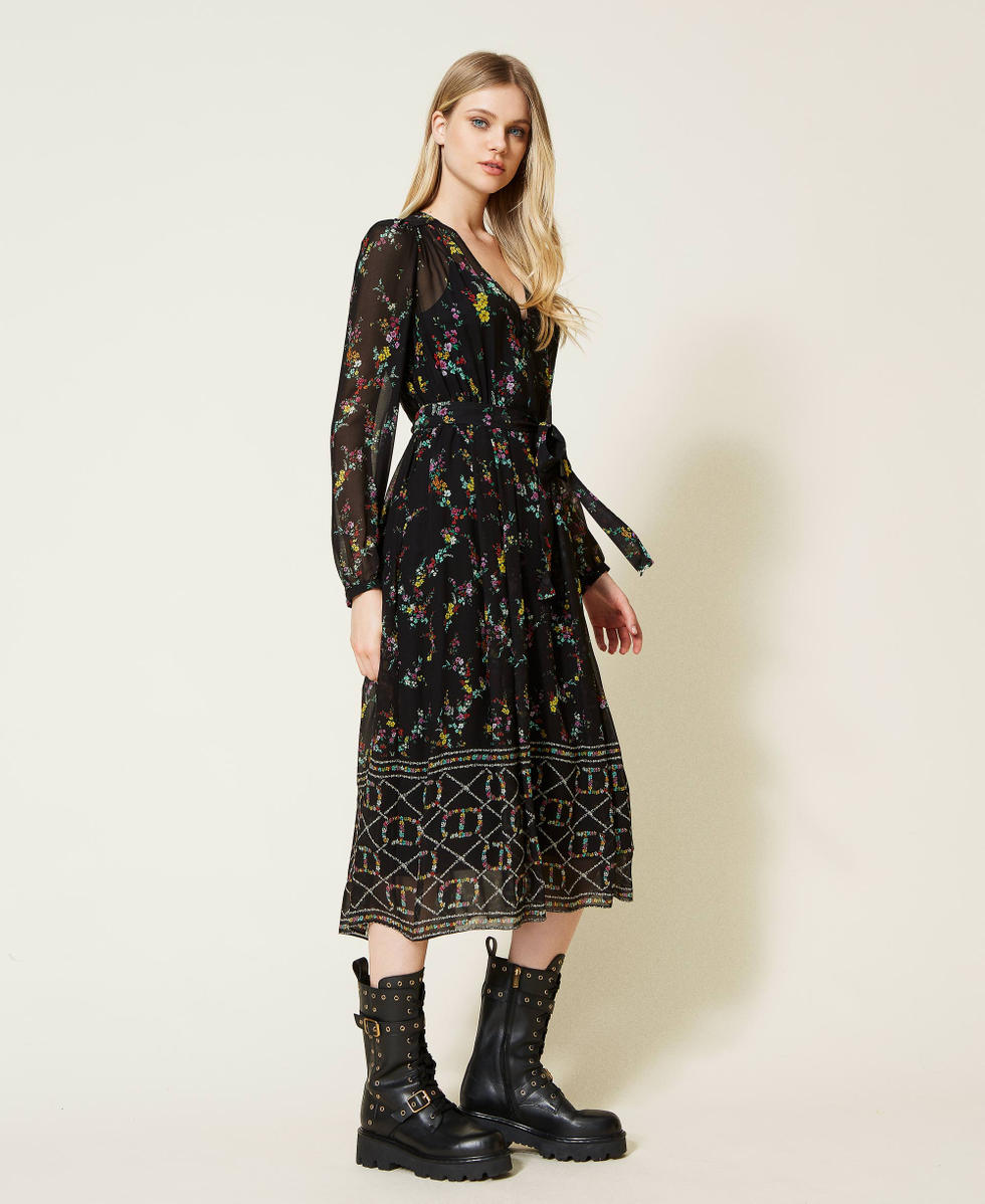 Abito lungo con stampa logo a fiori Donna Nero TWINSET Milano
