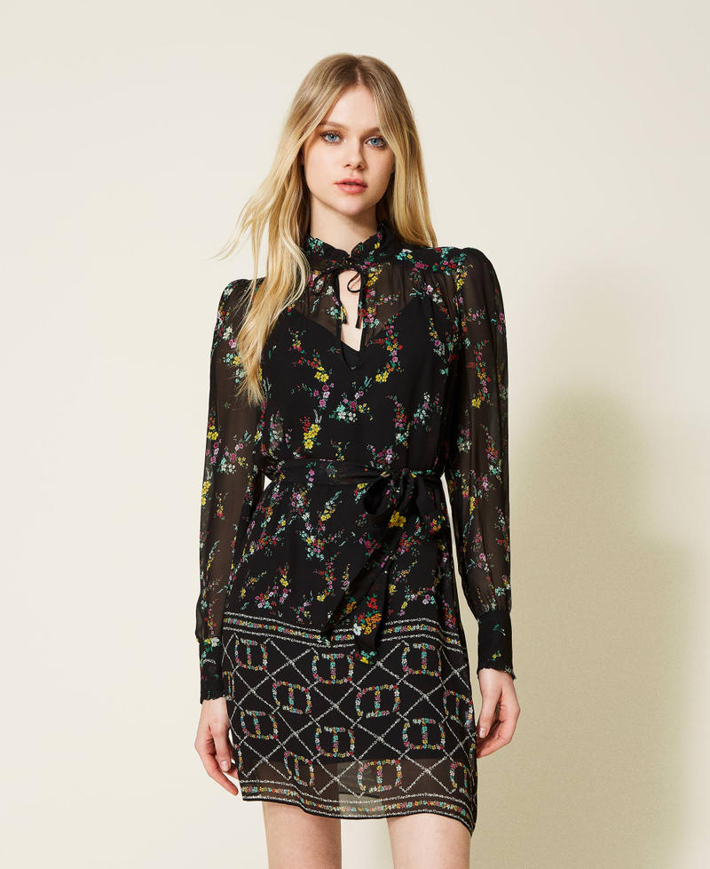 Tunic dress with floral logo print Oval T / Black Ramage Design Woman 222TT2532-01