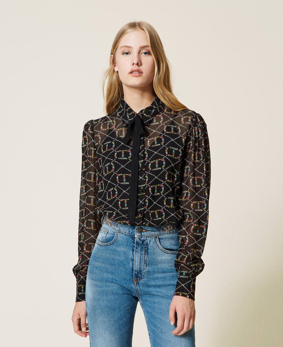 Camisa con estampado de logotipo de flores Mujer, Negro