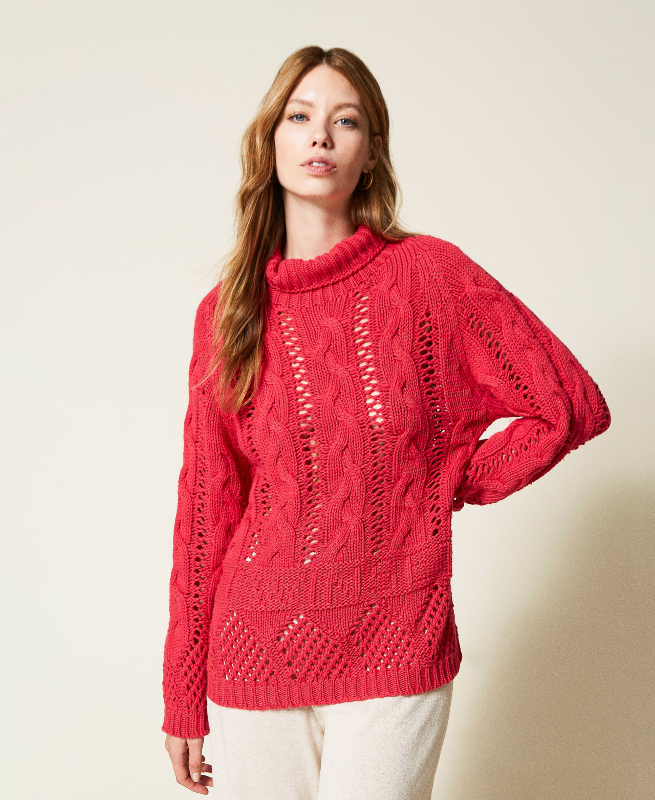 Pull col montant sans coutures en fil Treeblend Rouge Cerise Femme 222TT3080_01764_02