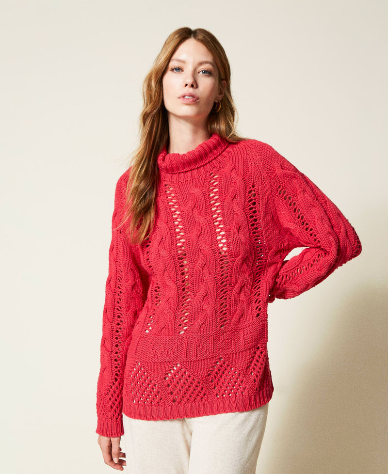 Pull col montant sans coutures en fil Treeblend Rouge Cerise Femme 222TT3080_01764_02