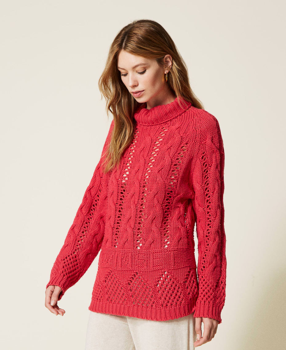 Pull col montant sans coutures en fil Treeblend Rouge Cerise Femme 222TT3080_01764_03