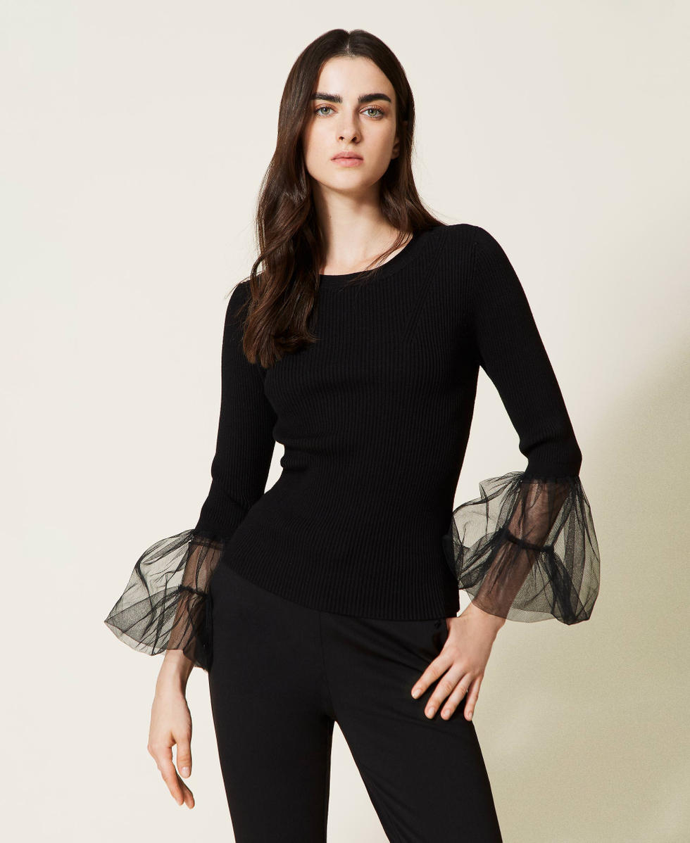 Ribbed jumper with tulle Woman Black TWINSET Milano