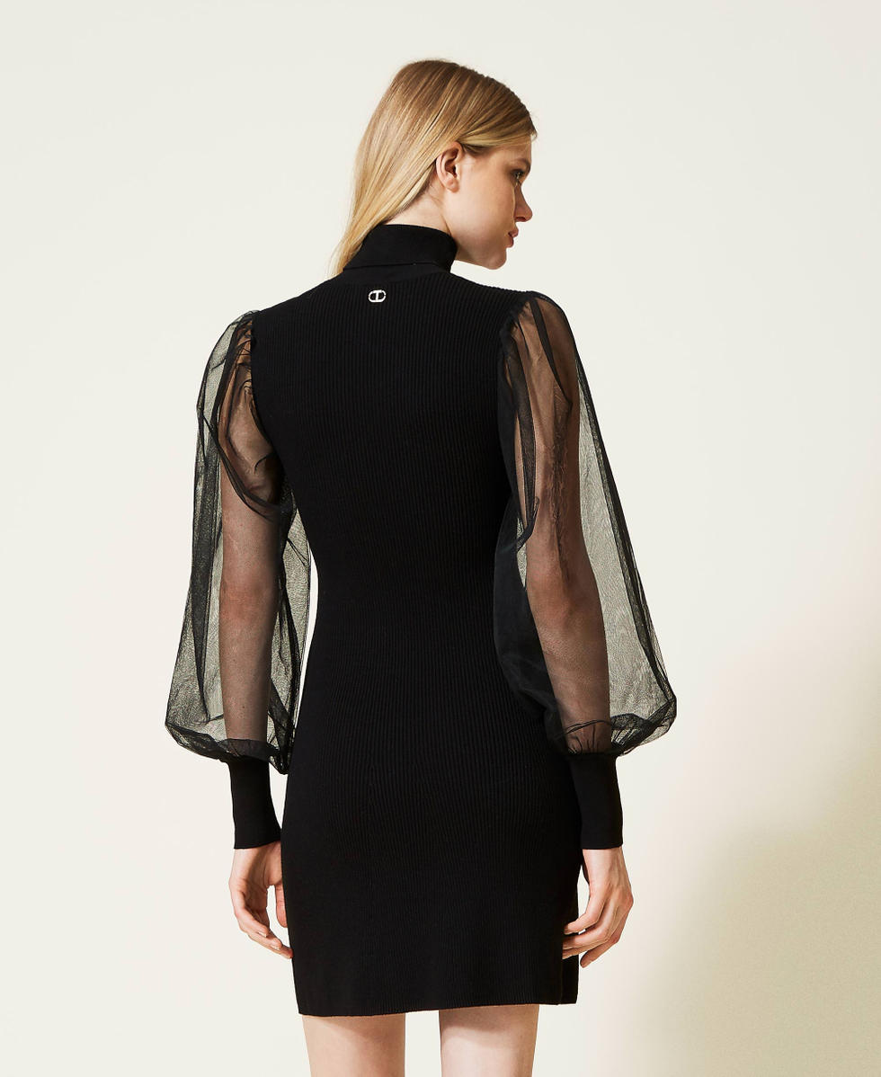 Short knit dress with tulle sleeves Woman, Black | TWINSET Milano