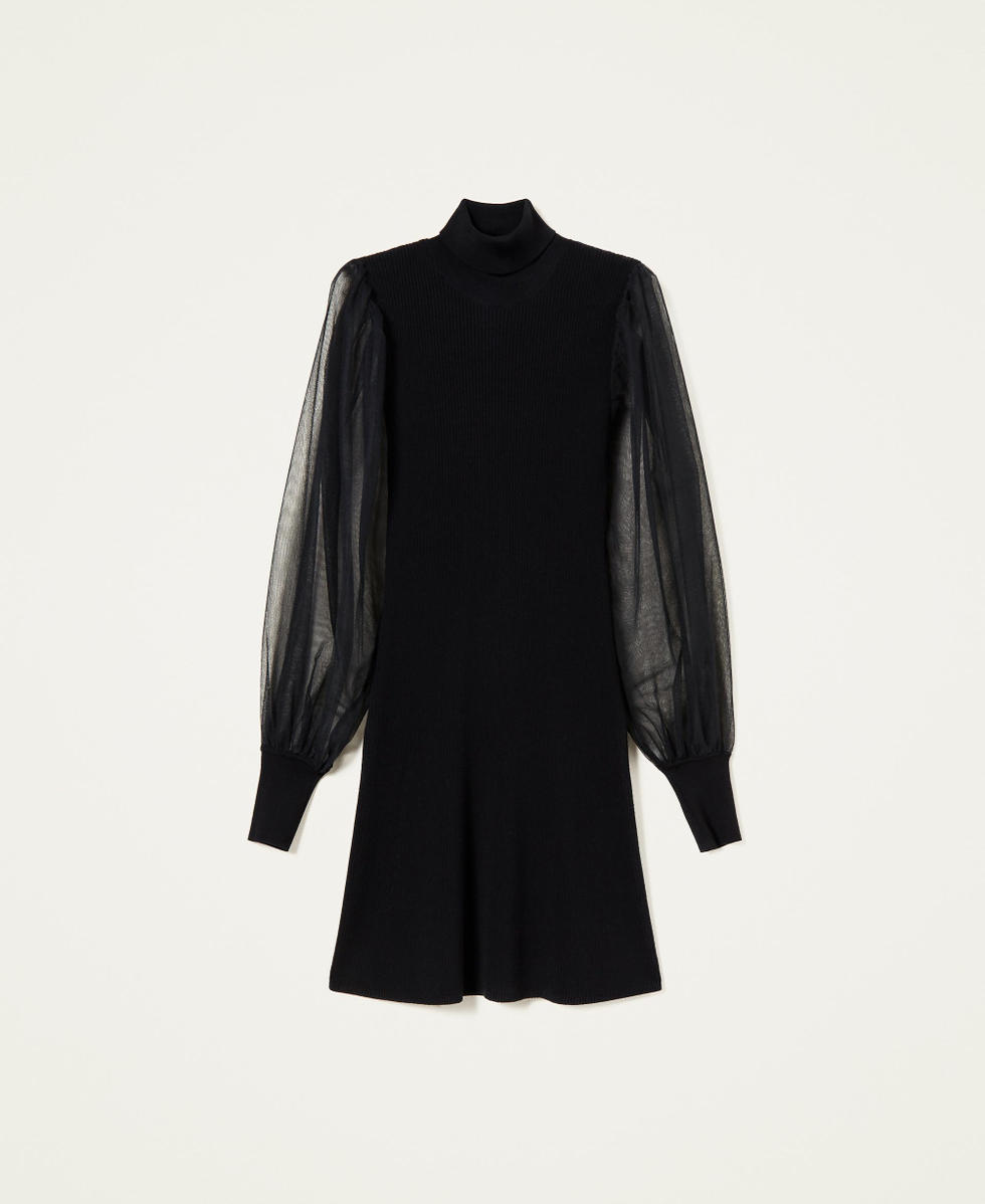 Short knit dress with tulle sleeves Woman, Black | TWINSET Milano