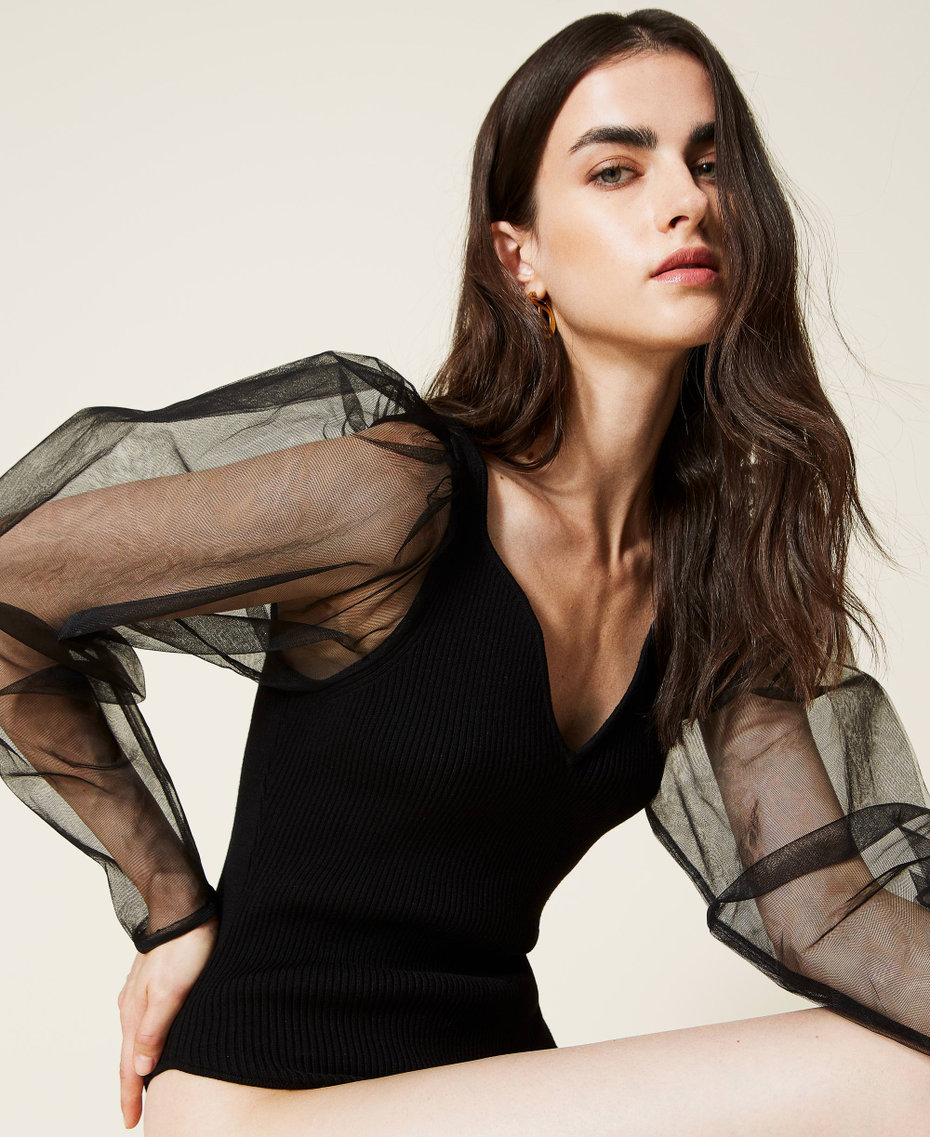 Ribbed knit bodysuit with tulle sleeves