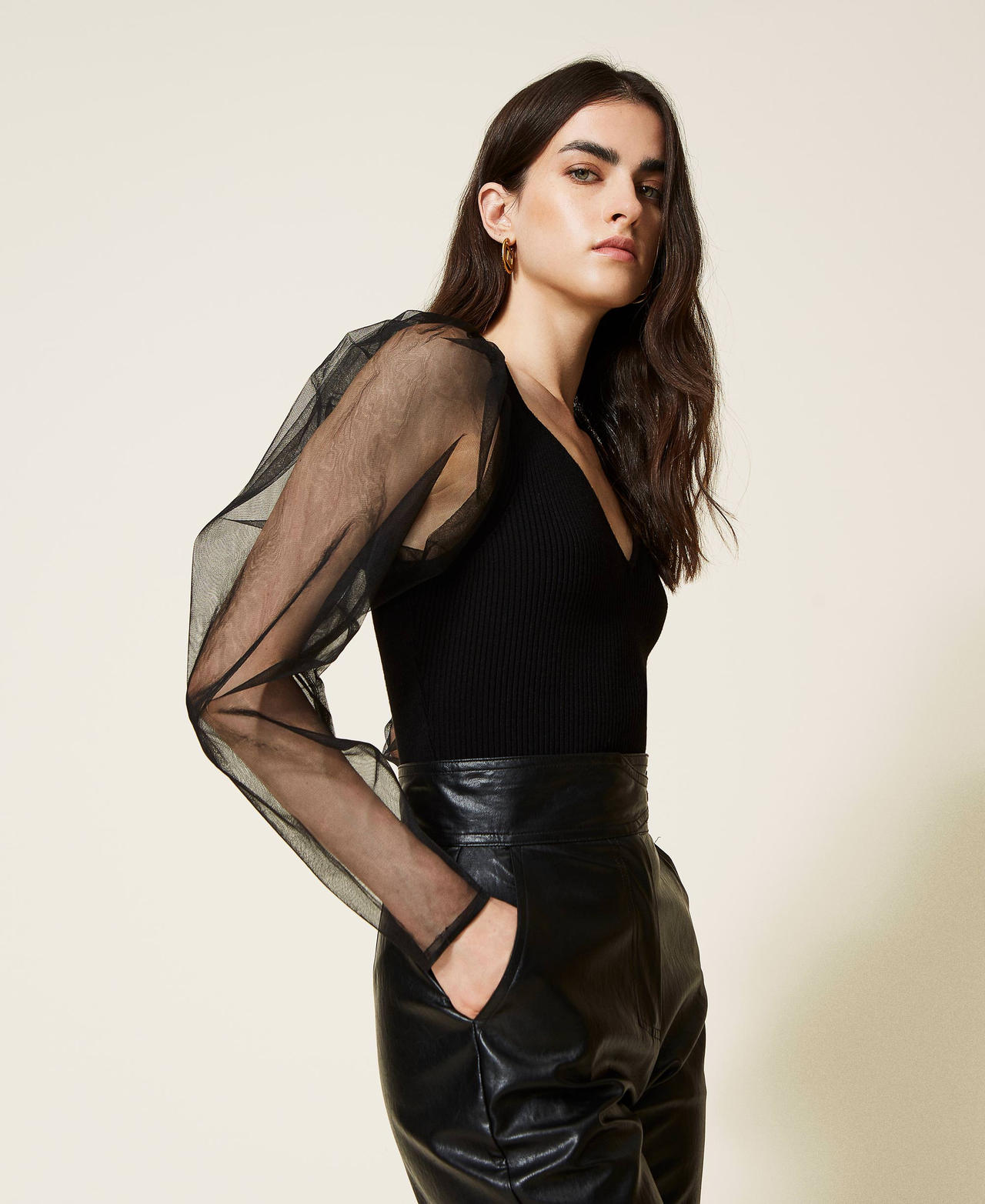 Body de punto acanalado con mangas de tul Mujer Negro TWINSET