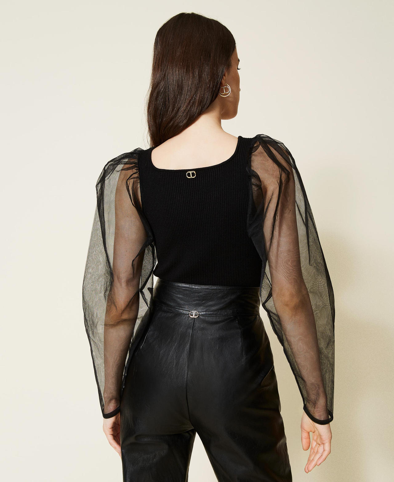 Ribbed knit bodysuit with tulle sleeves