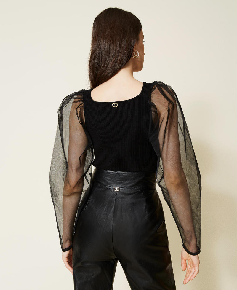 Ribbed knit bodysuit with tulle sleeves