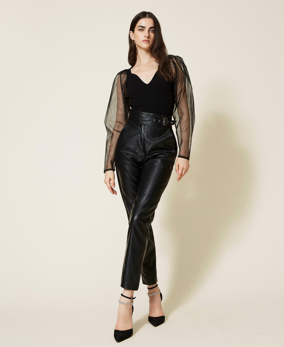Body de punto acanalado con mangas de tul Mujer Negro TWINSET