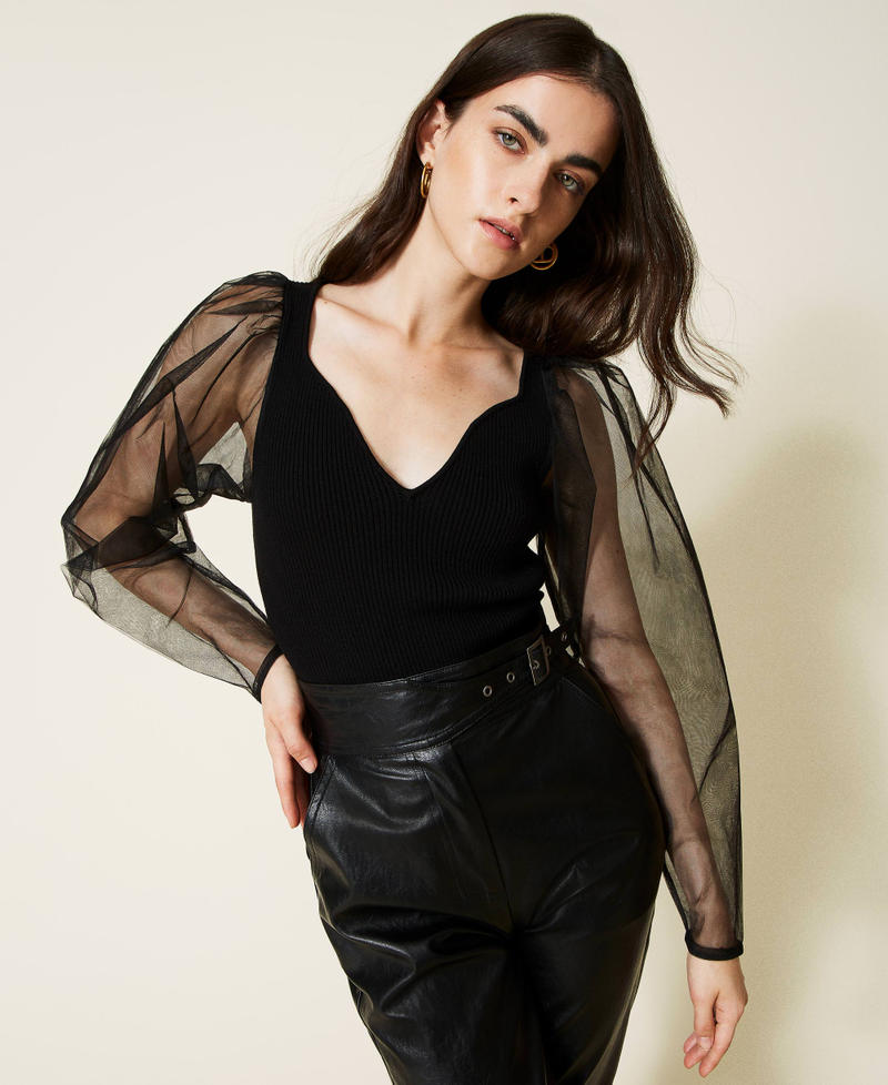 Ribbed knit bodysuit with tulle sleeves