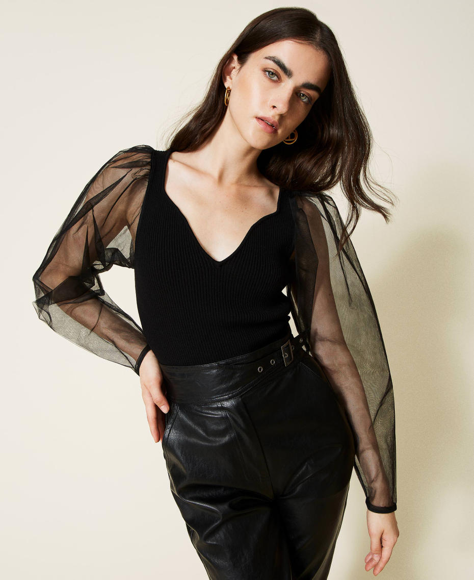 Ribbed knit bodysuit with tulle sleeves