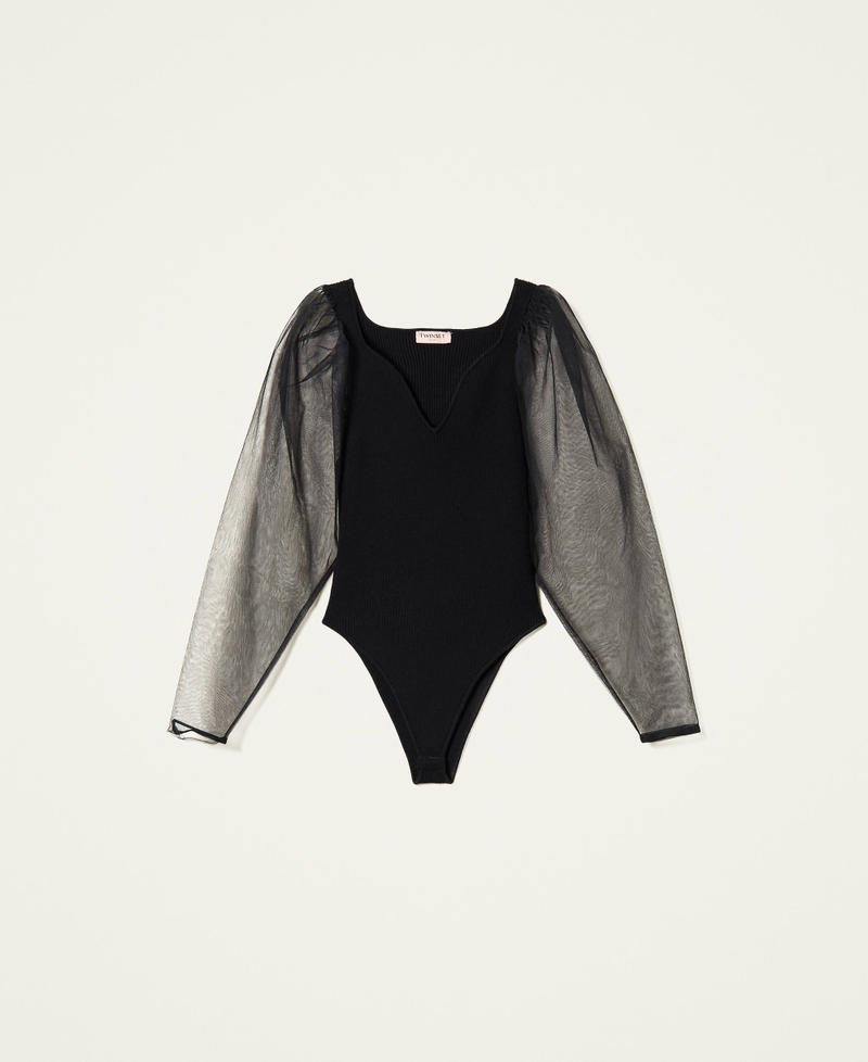Ribbed knit bodysuit with tulle sleeves