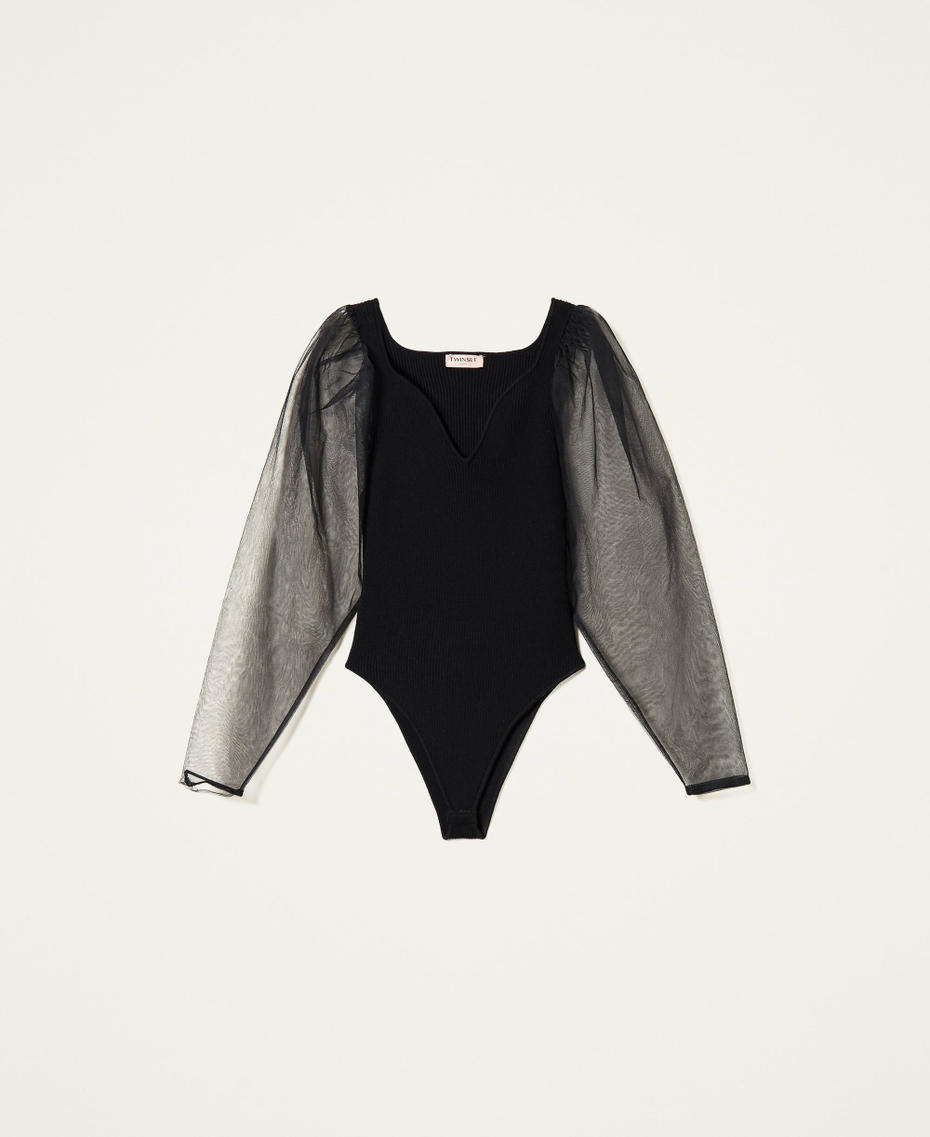 Ribbed knit bodysuit with tulle sleeves