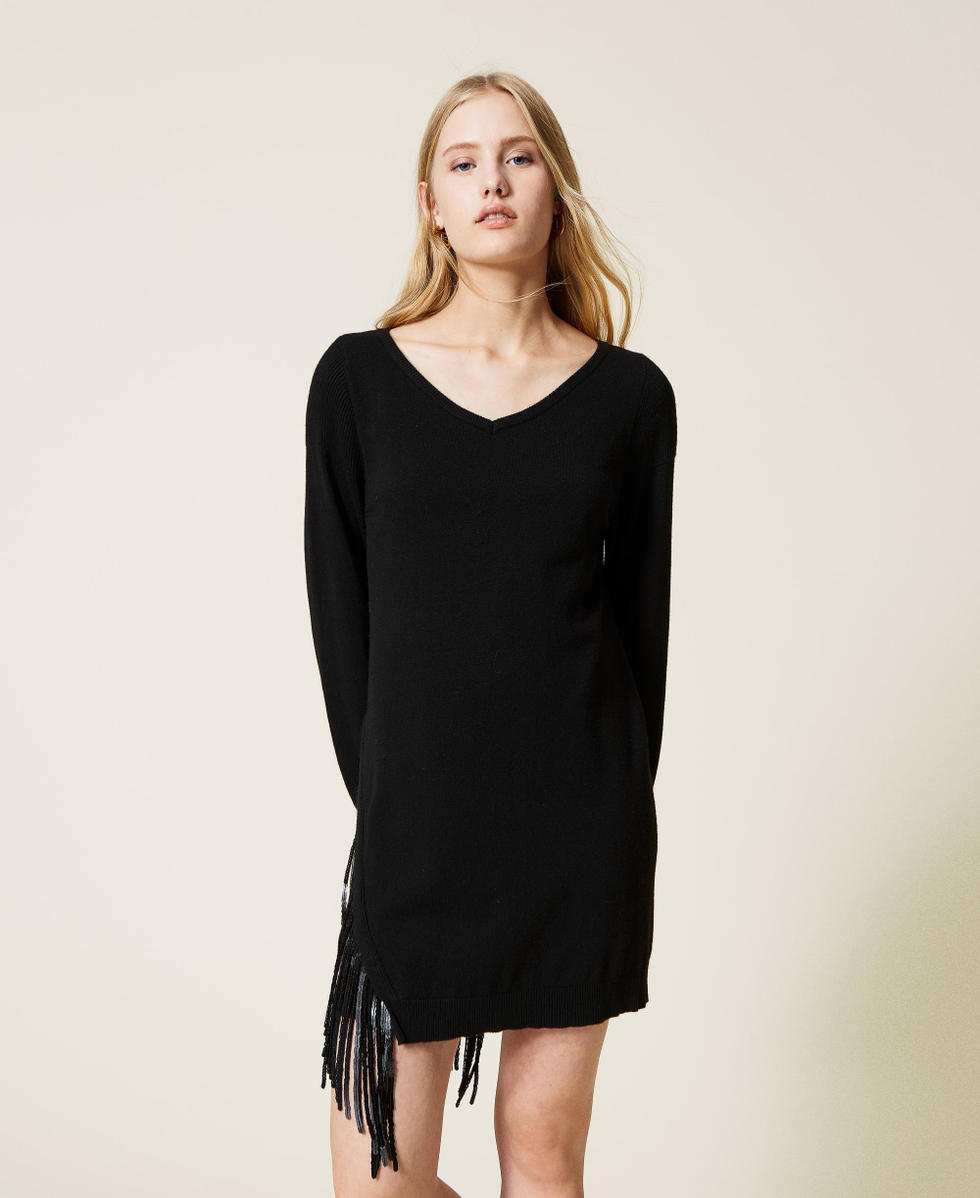 Abito corto in maglia misto lana con frange Donna Nero TWINSET Milano