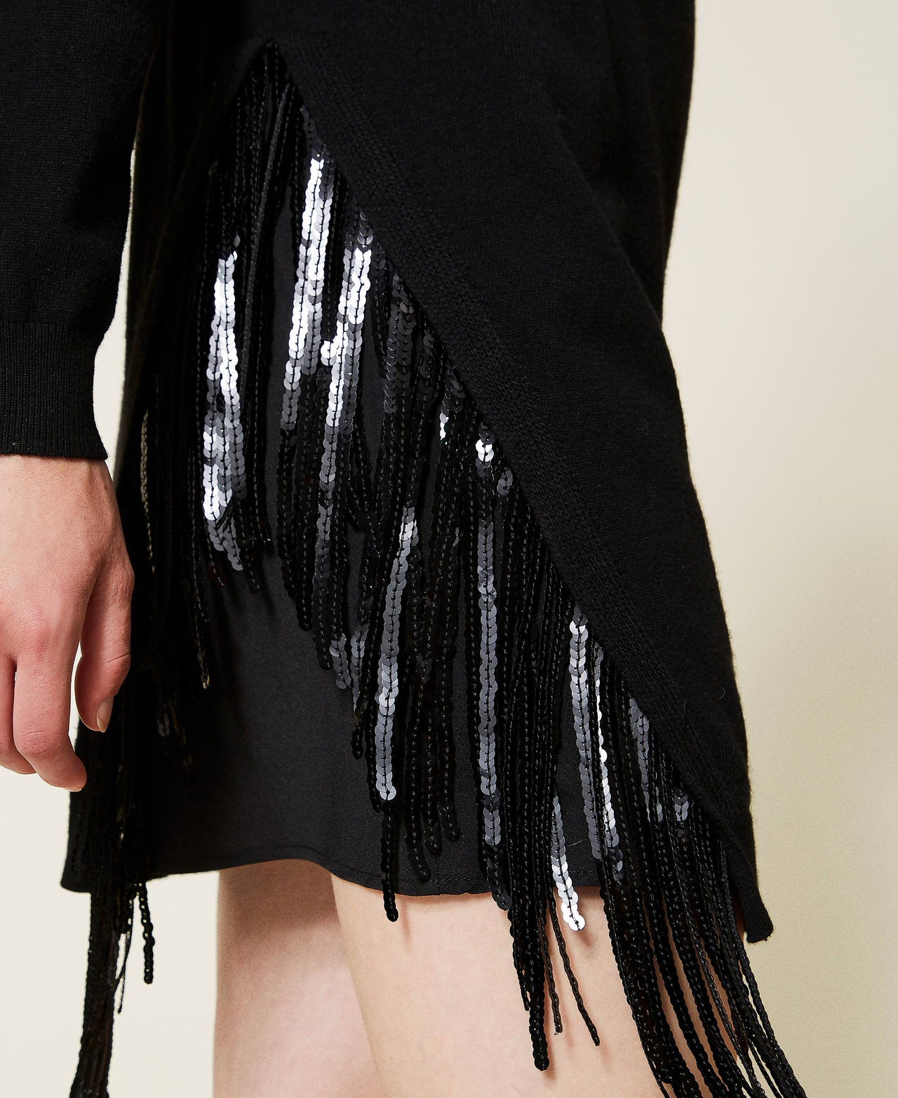 Black sequin asymmetric fringe hem skirt best sale