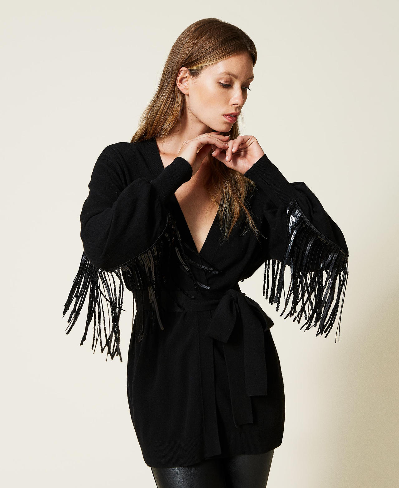 Long wool blend cardigan with fringes Black Woman 222TT3122-02