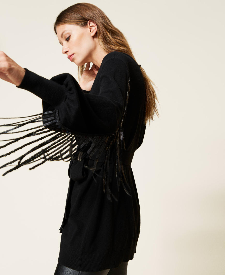 Long wool blend cardigan with fringes