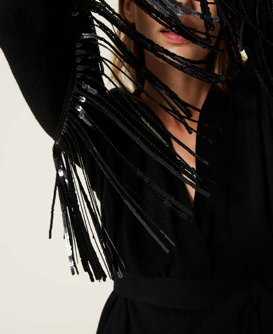 Long wool blend cardigan with fringes