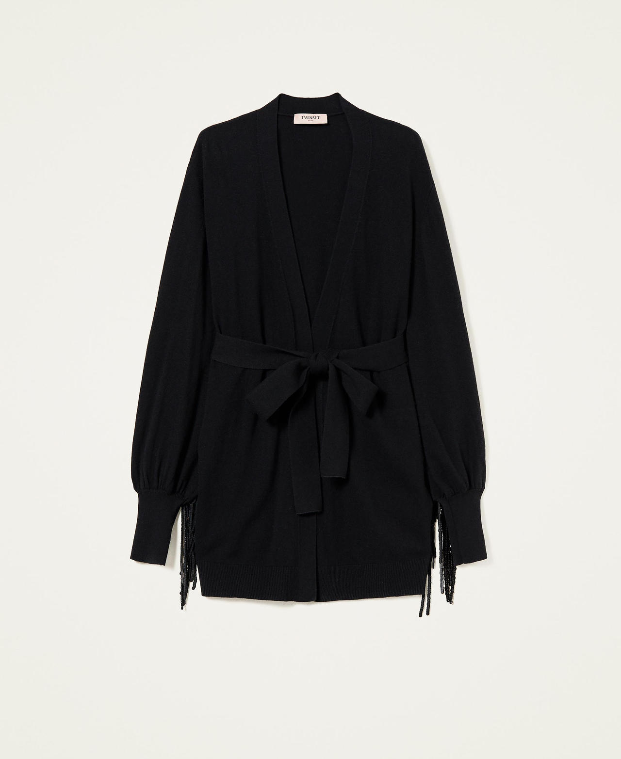 Long wool blend cardigan with fringes