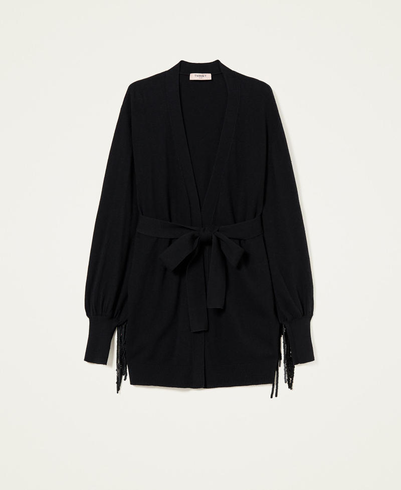 Long wool blend cardigan with fringes