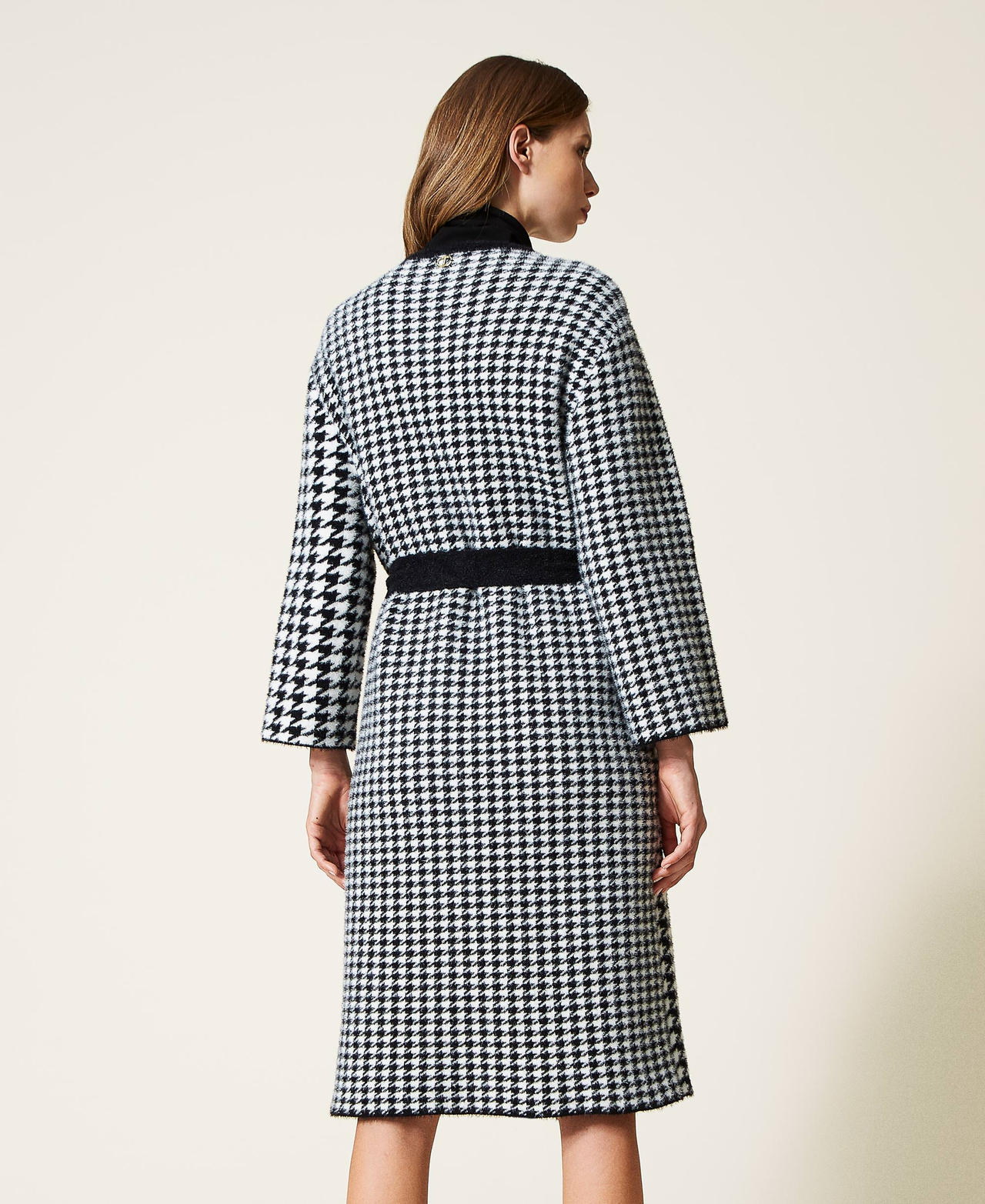 Jacquard knit coat with houndstooth pattern Woman, Grey